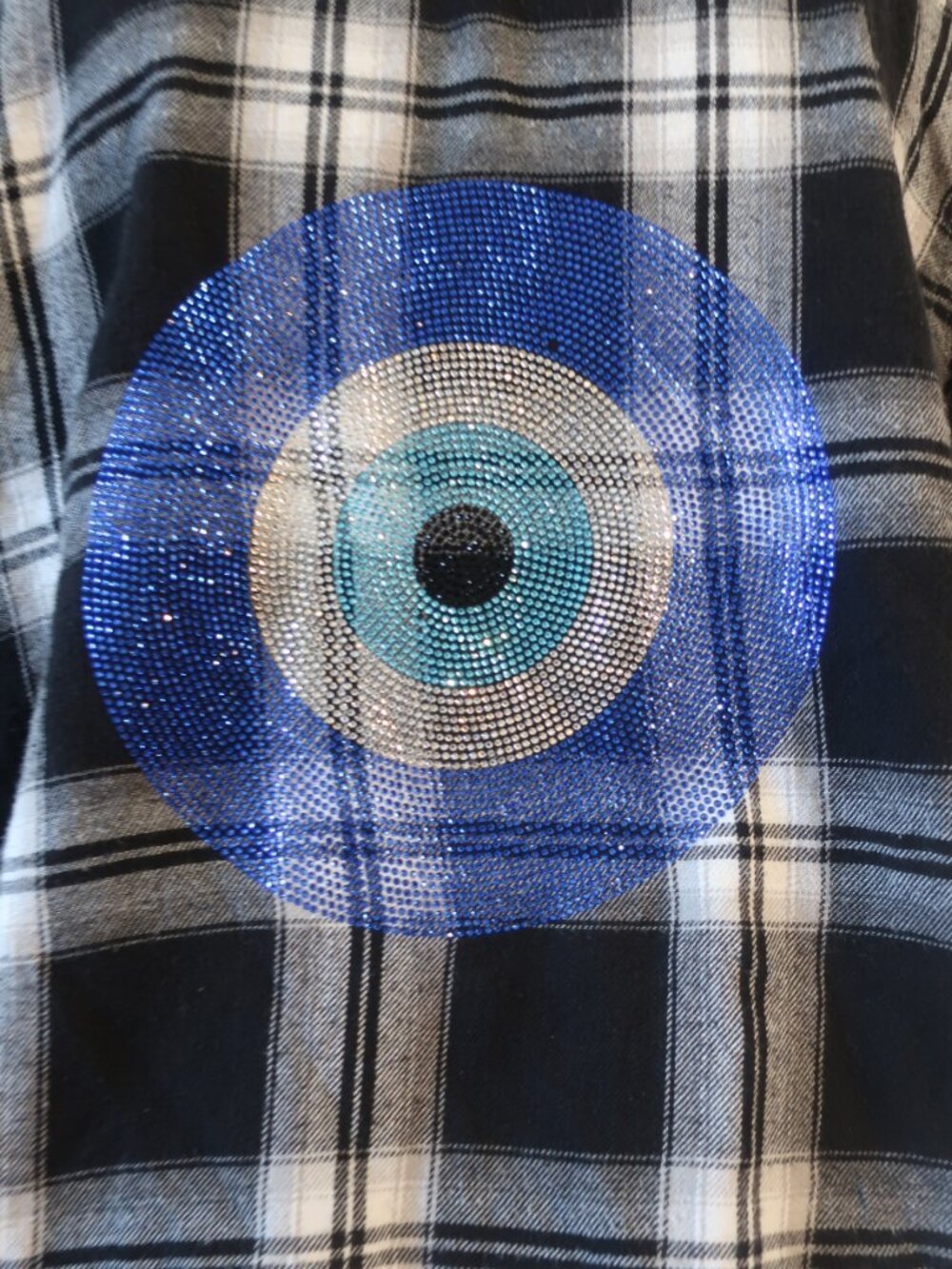Blue Plaid Button-Down Shirt with Crystal Eye Detail